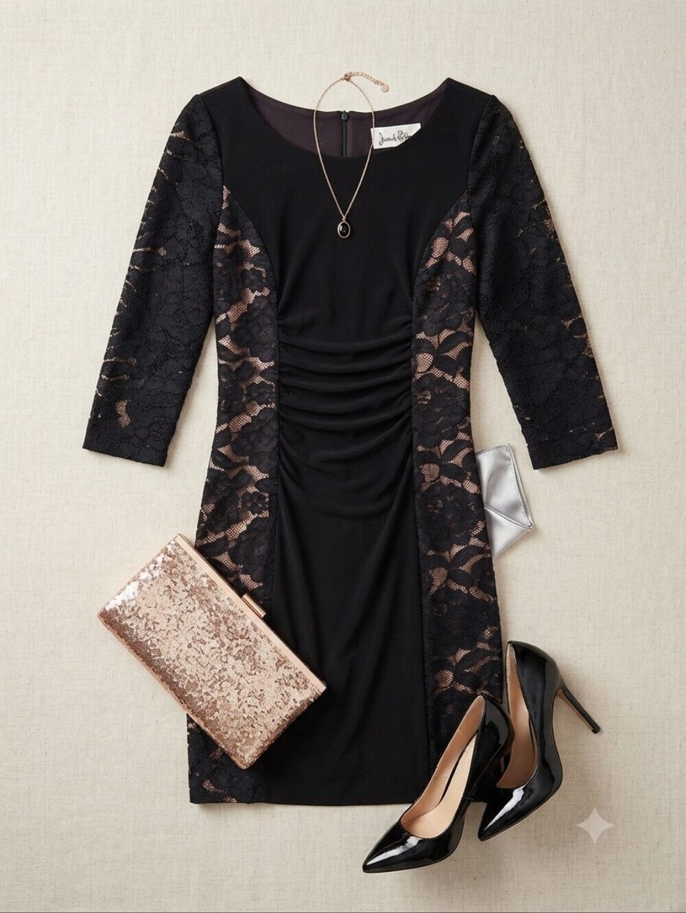 Vintage Joseph Ribkoff Black Ruched Lace Bodycon 3/4 Sleeve Dress